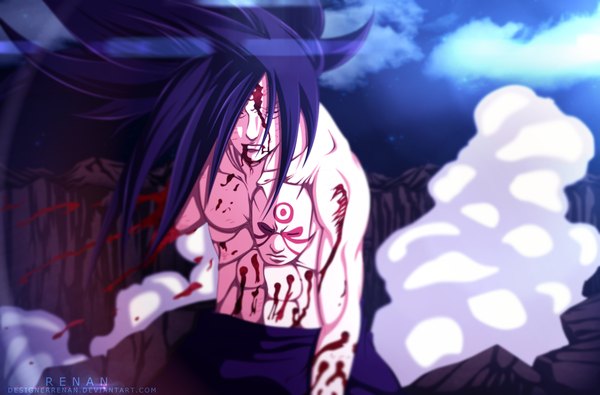 Anime picture 1417x935 with naruto studio pierrot naruto (series) uchiha madara designerrenan single long hair purple hair cloud (clouds) eyes closed night tattoo night sky coloring scar smoke muscle boy blood