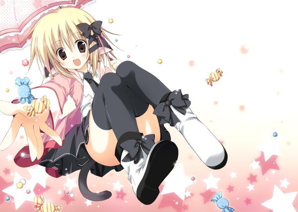 Anime picture 1200x853 with original korie riko single blush short hair open mouth blonde hair brown eyes animal ears cat ears cat tail girl thighhighs skirt bow black thighhighs hair bow miniskirt food sweets