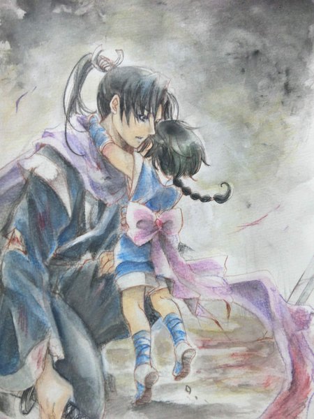 Anime picture 1536x2048 with rurouni kenshin makimachi misao shinomori aoshi sana (artist) long hair tall image black hair ponytail braid (braids) traditional clothes japanese clothes hug single braid traditional media alternate age watercolor (medium) younger girl boy bow