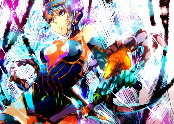 Anime picture 1200x860 with tiger & bunny sunrise (studio) karina lyle blue rose (tiger & bunny) single short hair blue eyes light erotic bare shoulders blue hair cleavage girl gloves elbow gloves pistol
