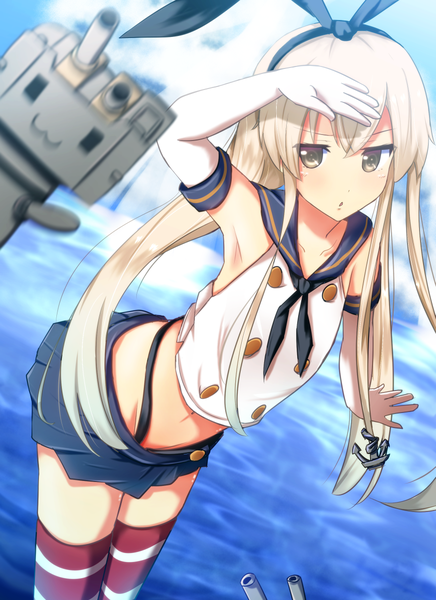 Anime picture 873x1200 with kantai collection shimakaze destroyer rensouhou-chan cuon (kuon) single long hair tall image looking at viewer blonde hair brown eyes midriff girl skirt gloves navel bow weapon hair bow miniskirt elbow gloves
