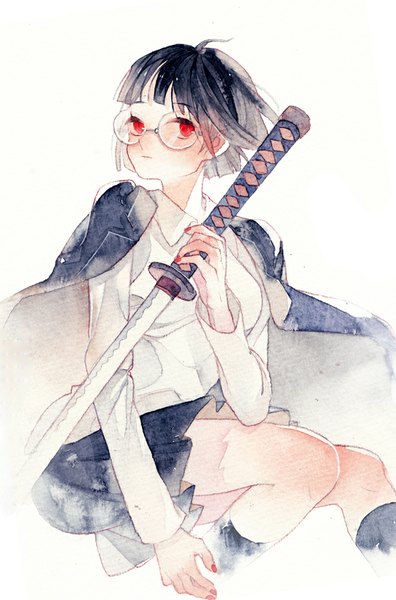 Anime picture 600x907 with durarara!! brains base (studio) sonohara anri rei (pixiv4656825) single tall image looking at viewer short hair black hair simple background red eyes white background sitting nail polish wind traditional media watercolor (medium) girl uniform weapon