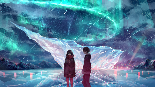 Anime picture 1920x1080 with original akira (mr akira) fringe highres short hair blue eyes black hair wide image standing profile night night sky mountain hands in pockets shooting star aurora borealis girl boy pantyhose jacket