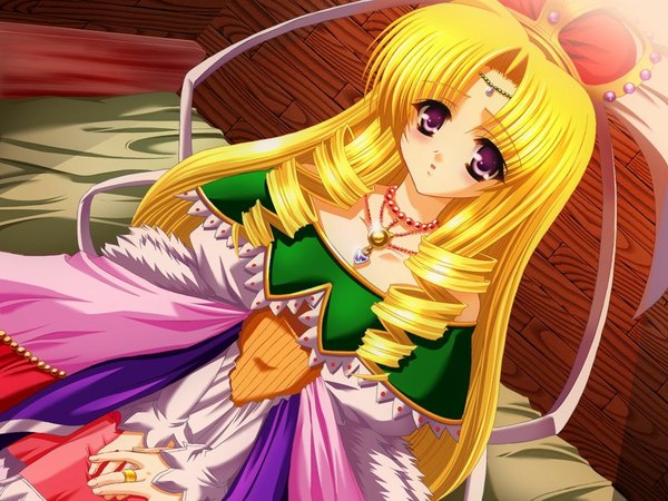 Anime picture 1024x768 with kegaretaeiyu (game) blonde hair purple eyes game cg curly hair girl jewelry crown