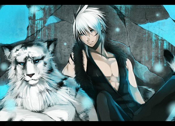 Anime picture 1000x720 with original akirakirai (artist) looking at viewer short hair blue eyes white hair boy animal vest tiger