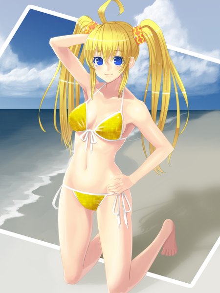 Anime picture 1200x1600 with border break (game) damegane long hair tall image blue eyes blonde hair twintails ahoge hand on hip beach kneeling girl navel swimsuit bikini