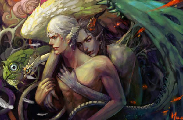 Anime picture 1500x985 with hkun konnan looking at viewer short hair purple eyes signed looking away white hair profile horn (horns) aqua eyes grey hair multiple boys teeth fang (fangs) holding hands topless angel wings demon wings head wings shounen ai