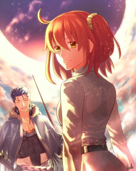 Anime picture 1200x1500 with fate (series) fate/grand order fate/stay night fujimaru ritsuka (female) cu chulainn (fate) pushiko tall image short hair smile brown eyes blue hair ahoge red hair eyes closed looking back one side up girl boy