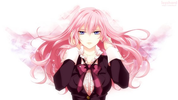 Anime picture 1920x1080 with vocaloid megurine luka jyuru single long hair fringe highres simple background wide image white background pink hair serious multicolored eyes weightlessness girl bow bowtie