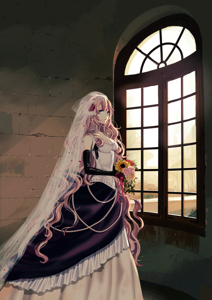 Anime picture 1447x2047 with vocaloid megurine luka vient single long hair tall image looking at viewer fringe blue eyes standing holding pink hair indoors wedding girl dress gloves flower (flowers) black gloves elbow gloves