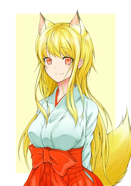 Anime picture 1000x1414 with original tenko (pixiv) single long hair tall image looking at viewer highres blonde hair simple background smile red eyes animal ears tail traditional clothes japanese clothes animal tail fox ears fox tail miko framed