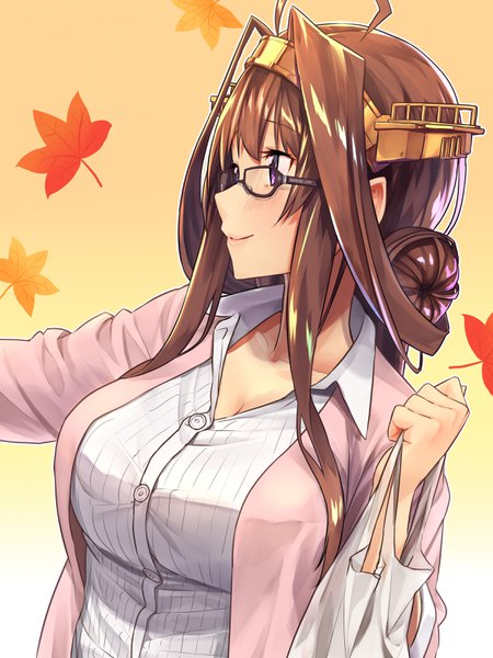 Anime picture 2400x3200 with kantai collection kongou battleship baffu single long hair tall image blush highres breasts simple background smile brown hair large breasts purple eyes looking away ahoge upper body profile hair bun (hair buns) alternate costume