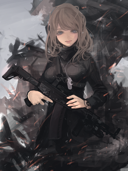 Anime picture 1080x1440 with original koh (minagi kou) single tall image looking at viewer fringe breasts brown hair holding long sleeves lips grey eyes girl weapon gun pendant clock turtleneck pocket watch assault rifle