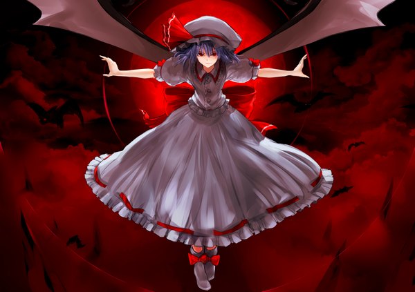 Anime picture 1169x825 with touhou remilia scarlet chirigami-san single looking at viewer short hair red eyes purple hair cloud (clouds) bat wings red moon girl dress bow wings bonnet bat