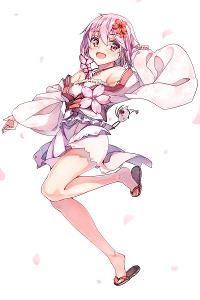 Anime picture 800x1200 with sergestid shrimp in tungkang xuan ying 90i single tall image blush short hair open mouth simple background white background looking away pink hair bent knee (knees) braid (braids) pink eyes hair flower cherry blossoms side braid girl flower (flowers)
