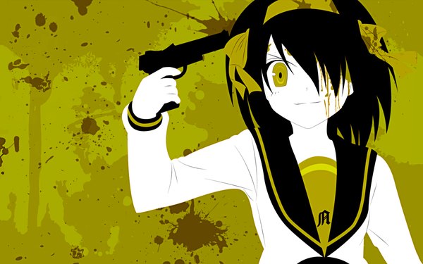 Anime picture 1680x1050 with suzumiya haruhi no yuutsu kyoto animation suzumiya haruhi wide image yellow background girl gun