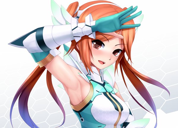 Anime picture 1200x864 with phantasy star online quna (pso2) eto single long hair looking at viewer blush open mouth smile brown hair twintails brown eyes armpit (armpits) girl gloves hair ornament elbow gloves