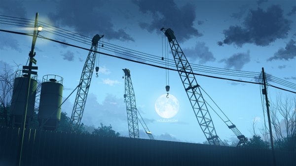 Anime picture 1280x720 with original mclelun wide image signed sky cloud (clouds) horizon no people landscape scenic bare tree plant (plants) tree (trees) moon full moon power lines crane