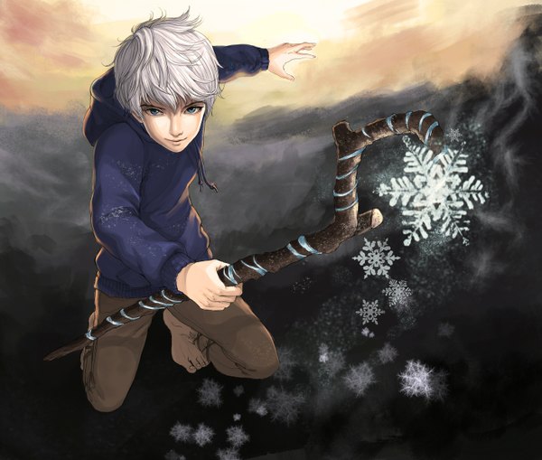 Anime picture 1413x1200 with rise of the guardians dreamworks jack frost (rise of the guardians) single looking at viewer short hair blue eyes smile white hair barefoot boy staff snowflake (snowflakes)