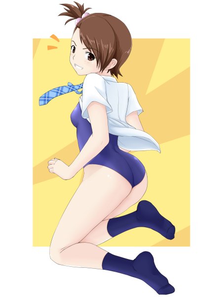 Anime picture 900x1200 with idolmaster futami ami tetuo kun single tall image looking at viewer blush short hair light erotic smile brown hair brown eyes open clothes open shirt girl swimsuit shirt socks black socks one-piece swimsuit