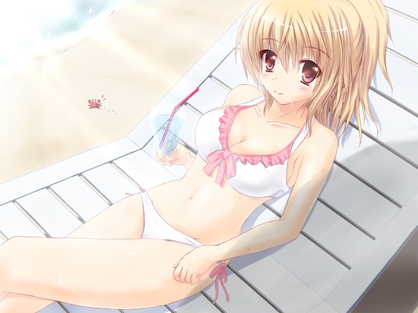 Anime picture 1600x1200 with original kilias single looking at viewer blush short hair breasts blonde hair red eyes beach girl navel swimsuit bikini white bikini