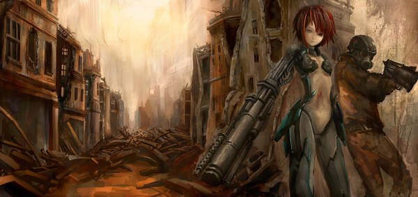 Anime picture 1218x577 with original wacchi30 short hair blue eyes wide image cleavage red hair ruins mecha musume girl boy weapon gun building (buildings) helmet gas mask