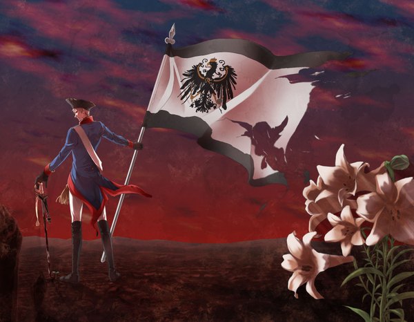 Anime picture 1570x1220 with axis powers hetalia studio deen prussia (hetalia) sky torn flag boy uniform flower (flowers) hat sword military uniform flag