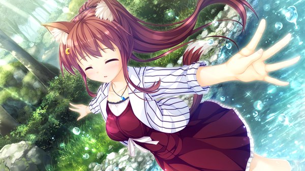 Anime picture 1920x1080 with world election whirlpool (studio) faura linans ryoumoto ken single long hair blush fringe highres breasts wide image animal ears ponytail tail eyes closed animal tail fox ears fox tail fox girl nature