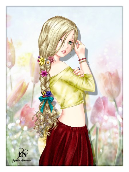 Anime picture 2400x3200 with original martina (thenightwishmaster) thenightwishmaster single long hair tall image looking at viewer fringe highres blonde hair green eyes braid (braids) lips hair over one eye single braid girl skirt bracelet