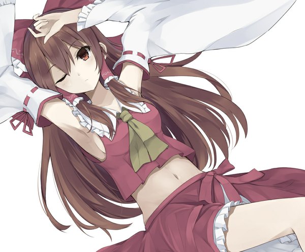 Anime picture 965x800 with touhou hakurei reimu huuyu huuyu 1z single long hair looking at viewer blush fringe simple background brown hair white background brown eyes bent knee (knees) lying traditional clothes japanese clothes arms up armpit (armpits) on back