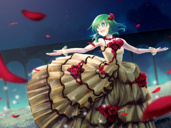 Anime picture 1600x1200 with vocaloid gumi kazashino single short hair smile bare shoulders green eyes looking away green hair night spread arms girl dress flower (flowers) petals choker rose (roses) star (stars) bridge
