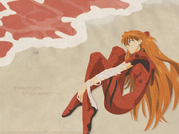 Anime picture 1600x1200 with neon genesis evangelion gainax soryu asuka langley afwells single long hair blue eyes signed profile orange hair inscription wallpaper beach dated vector third-party edit seaside colored girl water