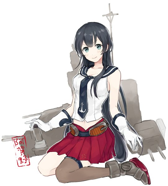 Anime picture 764x847 with kantai collection agano light cruiser urahara single long hair tall image looking at viewer blush fringe black hair simple background smile white background sitting bare shoulders aqua eyes girl thighhighs gloves uniform