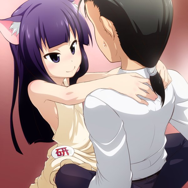 Anime picture 1280x1280 with working!! a-1 pictures yamada aoi otoo hyougo takeda yukimura long hair black hair simple background smile purple eyes animal ears purple hair ponytail cat ears hug girl boy apron