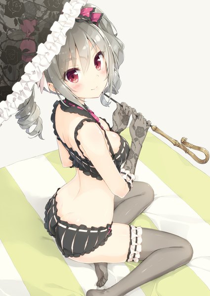 Anime picture 680x960 with idolmaster idolmaster cinderella girls kanzaki ranko kani biimu single tall image looking at viewer blush fringe short hair breasts light erotic smile red eyes sitting twintails silver hair from above underwear only drill hair