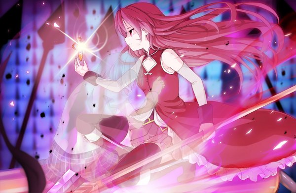 Anime picture 1376x900 with mahou shoujo madoka magica shaft (studio) sakura kyouko miki sayaka oudanhodou long hair red eyes red hair light scar ghost girl spear