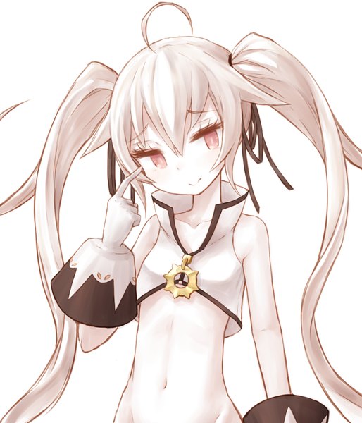 Anime picture 1025x1197 with original shoushiki (buran (kure)) buran (kure) single long hair tall image looking at viewer blush simple background smile white background twintails bare shoulders ahoge white hair girl gloves navel ribbon (ribbons) hair ribbon