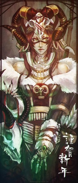 Anime picture 1772x4134 with monori rogue single long hair tall image highres brown hair yellow eyes looking away horn (horns) lips girl clothes