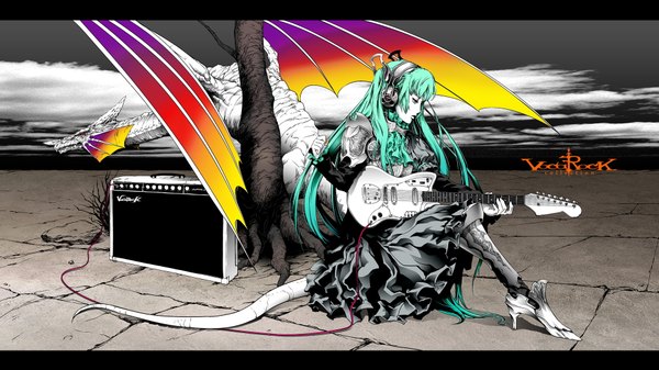Anime picture 1920x1080 with vocaloid hatsune miku nagimiso long hair highres wide image green eyes cloud (clouds) tail green hair girl plant (plants) tree (trees) headphones armor wire (wires) guitar dragon