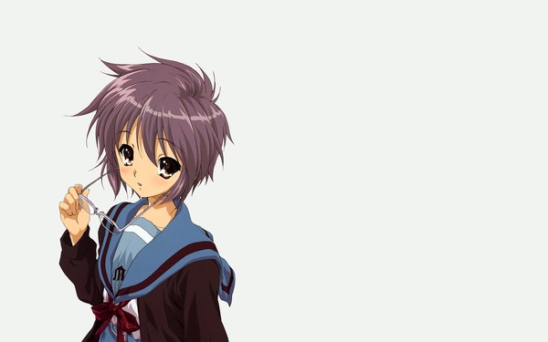 Anime picture 2560x1600 with suzumiya haruhi no yuutsu kyoto animation nagato yuki highres wide image grey background vector girl glasses serafuku