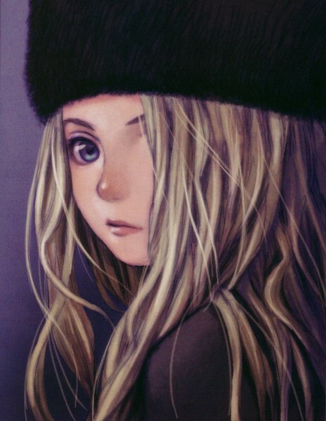 Anime picture 2617x3376 with range murata single long hair tall image fringe highres blue eyes simple background blonde hair hair over one eye portrait face girl hat