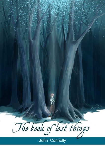 Anime picture 3912x5500 with the book of lost things (book) ji ji ha single tall image highres short hair brown hair absurdres inscription cover cover page boy plant (plants) tree (trees) forest