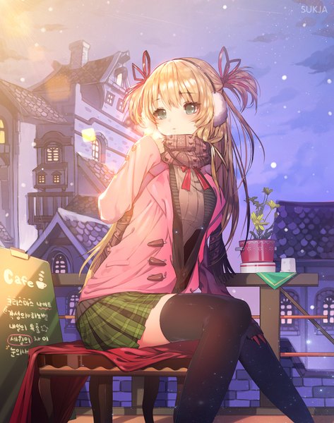 Anime picture 1500x1900 with original sorolp single long hair tall image blue eyes blonde hair sitting signed sky girl thighhighs skirt flower (flowers) black thighhighs plant (plants) jacket scarf building (buildings) potted plant