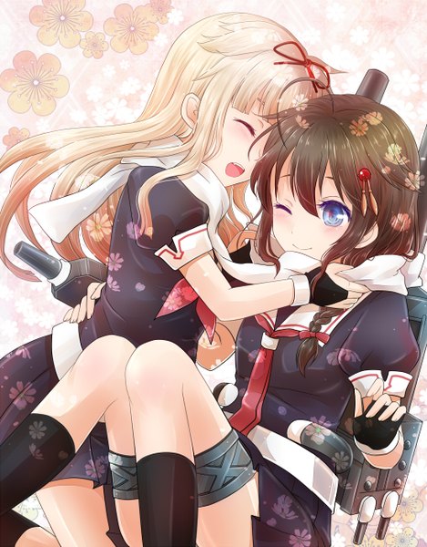 Anime picture 1016x1300 with kantai collection shigure destroyer yuudachi destroyer zashiki usagi long hair tall image short hair open mouth blue eyes black hair blonde hair smile multiple girls eyes closed one eye closed wink remodel (kantai collection) shared scarf girl gloves