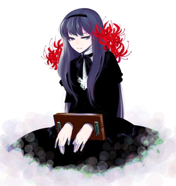 Anime picture 787x829 with mahou shoujo madoka magica shaft (studio) akemi homura homulilly kuwae single long hair tall image fringe simple background white background sitting purple eyes looking away purple hair white skin girl dress flower (flowers) black dress