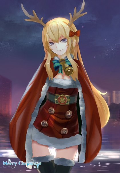 Anime picture 1480x2118 with original magician (china) single long hair tall image looking at viewer fringe breasts blonde hair smile standing purple eyes sky horn (horns) fur trim christmas merry christmas girl bow hair bow