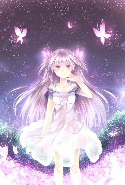 Anime-Bild 811x1200 mit original kousetsu single long hair tall image looking at viewer fringe purple eyes bare shoulders light smile grey hair night night sky girl dress hair ornament plant (plants) tree (trees) white dress insect