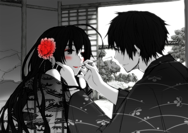 Anime picture 1500x1067 with axis powers hetalia studio deen japan (hetalia) taiwan (hetalia) tsuchii (ramakifrau) long hair blush short hair traditional clothes japanese clothes hair flower couple monochrome painting girl boy hair ornament kimono