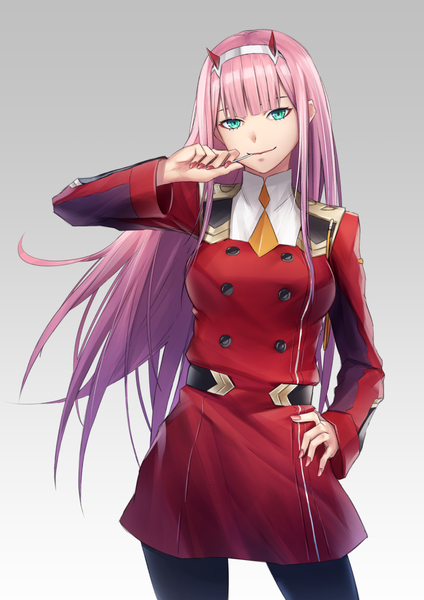 Anime picture 848x1200 with darling in the franxx studio trigger zero two (darling in the franxx) sugi 214 single long hair tall image looking at viewer fringe simple background smile standing holding payot pink hair blunt bangs nail polish horn (horns) aqua eyes fingernails
