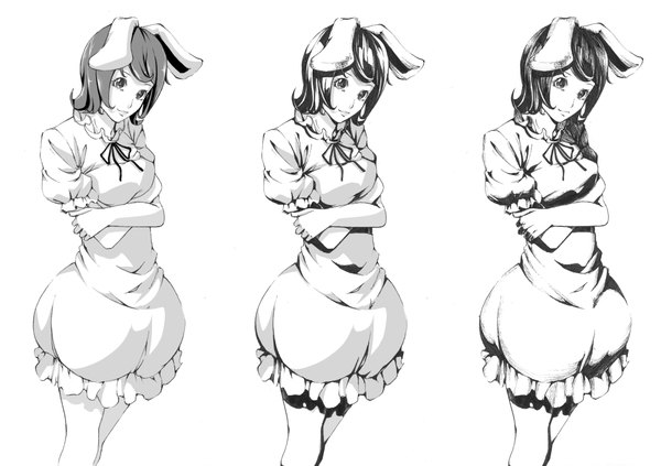 Anime picture 1000x705 with touhou inaba tewi sousou (sousouworks) short hair simple background white background bunny ears monochrome crossed arms multiple persona girl dress